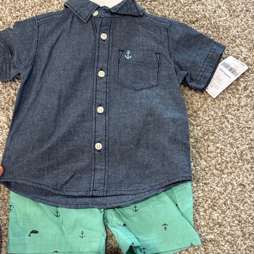 Carter's Blue Button Down Shirt with Green Shorts
